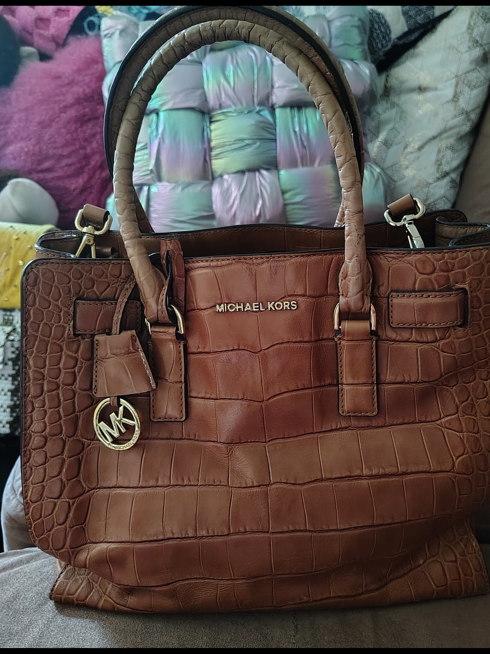 Michael Kors Brown Croc-Embossed Leather Dillion Satchel